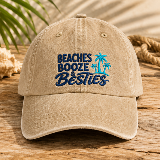 Beaches Booze & Besties Washed Cap, Tropical Palm Tree Vacation Hat - Washed Cap - front view