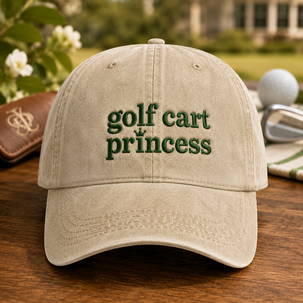 Golf Cart Princess Washed Cap, Embroidered Hat for Women Golfers - Washed Cap - front view
