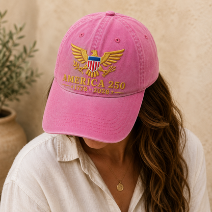 America 250 1776-2026 Washed Cap, Patriotic Eagle Embroidered Hat for USA Semiquincentennial - washed cap - lifestyle view 8
