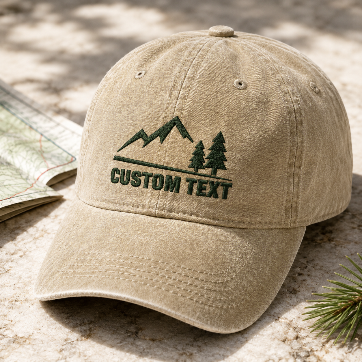 Custom Text Mountain Washed Cap, Personalized Hiking Hat for Outdoor Lovers - Washed Cap - lifestyle view 2