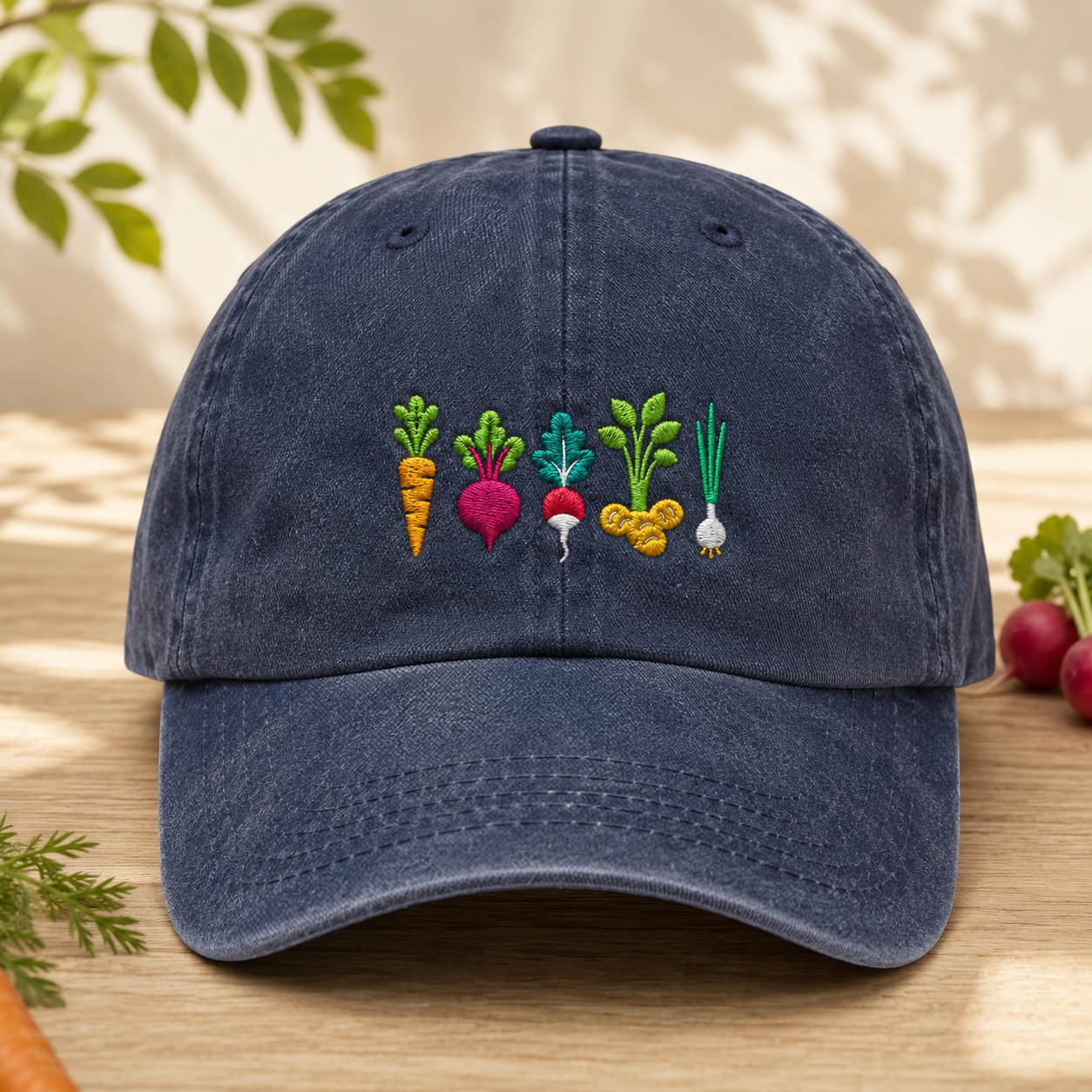 Root Vegetable Washed Cap, Embroidered Gardening Hat for Veggie Growers - Washed Cap - front view