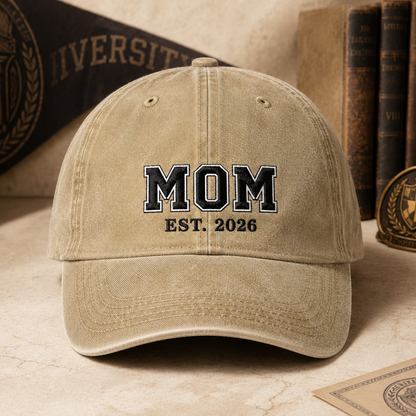 Mom Est. 2026 Washed Cap, Embroidered New Mom Baseball Hat Gift - Washed Cap - front view