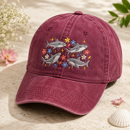 Floral Shark Washed Cap, Ocean Lover Embroidered Hat - Washed Cap - detail view