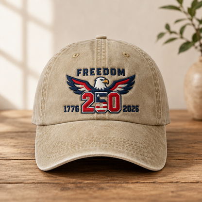 Freedom 250 Washed Cap, Patriotic Eagle 1776 2026 America Hat - washed cap - front view