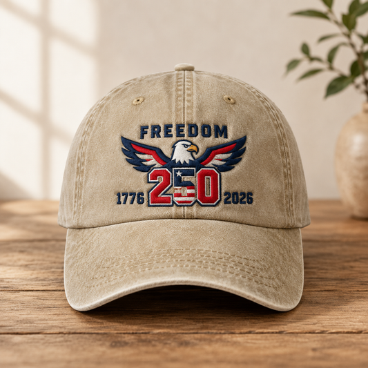 Freedom 250 Washed Cap, Patriotic Eagle 1776 2026 America Hat - washed cap - front view