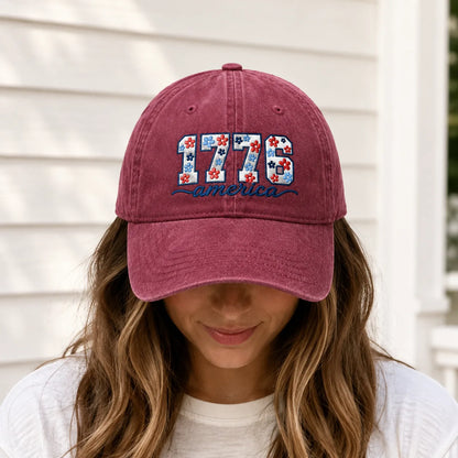 1776 America Floral Embroidered Washed Cap - washed cap - close up