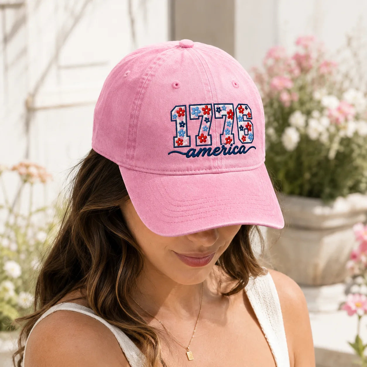 1776 America Floral Embroidered Washed Cap - washed cap - side view