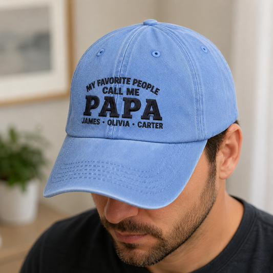 My Favorite People Call Me Papa Washed Cap, Personalized Grandpa Hat with Grandkids Names - Washed Cap - detail view