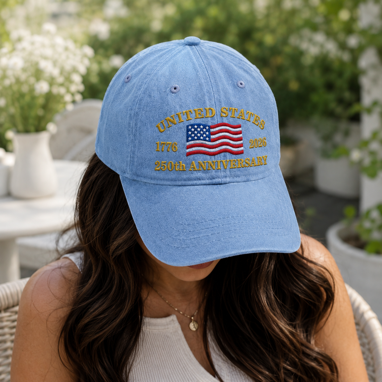 United States 250th Anniversary Washed Cap, 1776 2026 Embroidered Flag Hat - washed cap - lifestyle view 9