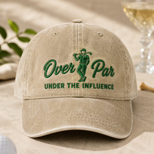 Over Par Under the Influence Washed Cap, Funny Golf Drinking Hat - Washed Cap - front view