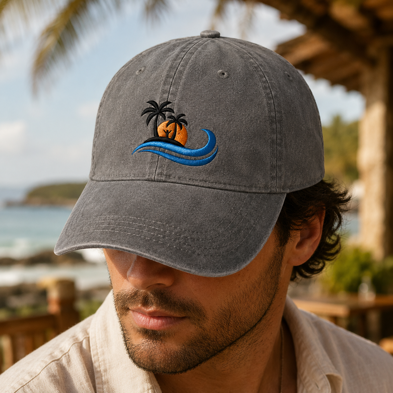 Island Sunset Embroidered Washed Cap, Ocean Wave Palm Tree Beach Hat - Washed Cap - lifestyle view 3