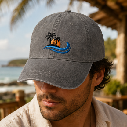 Island Sunset Embroidered Washed Cap, Ocean Wave Palm Tree Beach Hat - Washed Cap - lifestyle view 3