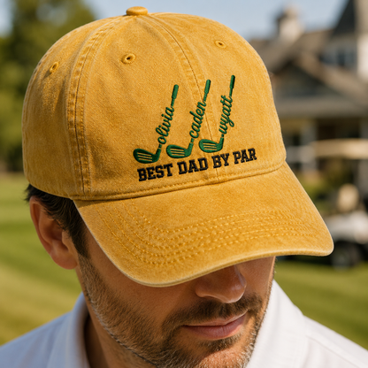 Best Dad By Par Golf Cap Personalized Kids Names Hat - Washed Cap - lifestyle view 3