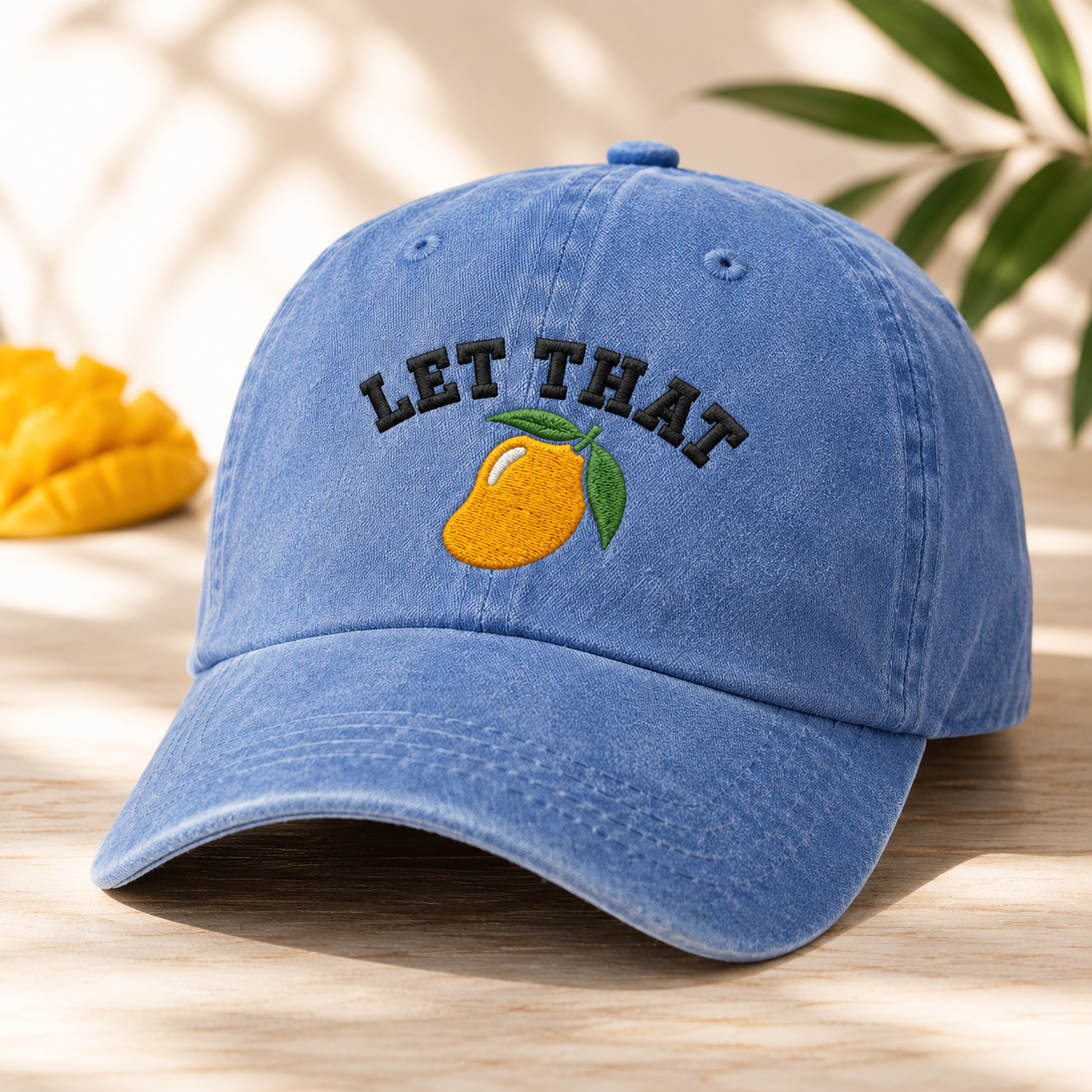Let That Mango Washed Cap, Embroidered Tropical Fruit Dad Hat - Washed Cap - detail view