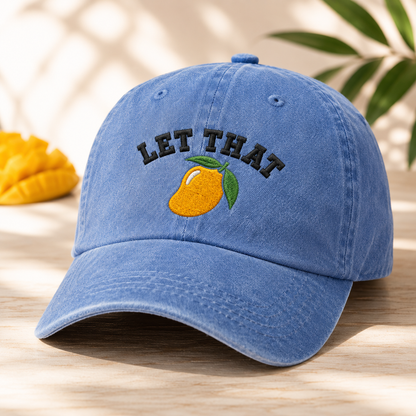 Let That Mango Washed Cap, Embroidered Tropical Fruit Dad Hat - Washed Cap - detail view