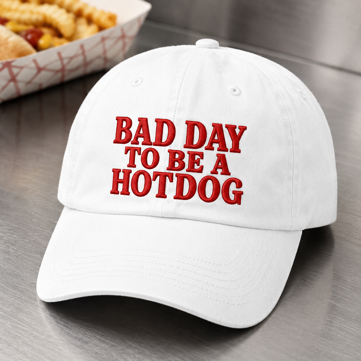 Bad Day to Be a Hotdog Washed Cap, Funny Hot Dog Quote Hat for Bbq Cookouts - washed cap - lifestyle view 3