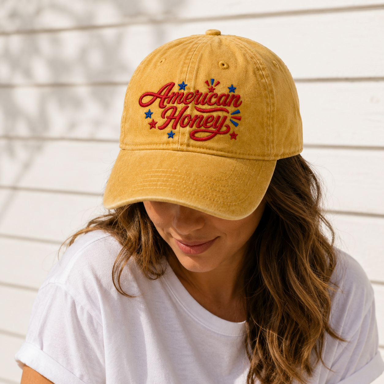 American Honey Washed Cap, Patriotic Embroidered Hat for 4th of July - washed cap - lifestyle view 9