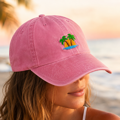 Tropical Island Washed Cap, Embroidered Palm Tree Beach Hat - Washed Cap - lifestyle view 4