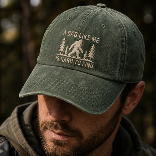 A Dad Like Me Is Hard To Find Washed Cap, Bigfoot Sasquatch Father's Day Gift - Washed Cap - lifestyle view 3