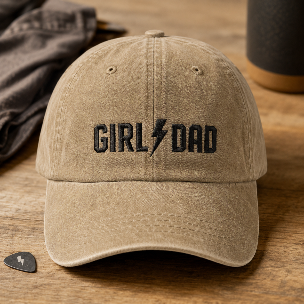 Girl Dad Lightning Bolt Washed Cap, Embroidered Dad Hat for Father's Day - Washed Cap - front view