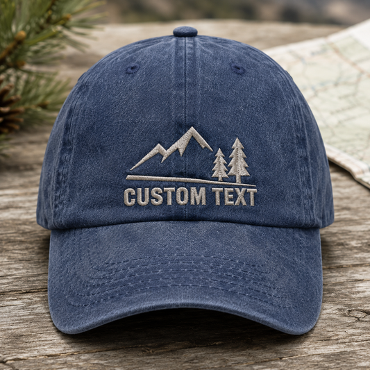 Custom Text Mountain Washed Cap, Personalized Hiking Hat for Outdoor Lovers - Washed Cap - front view