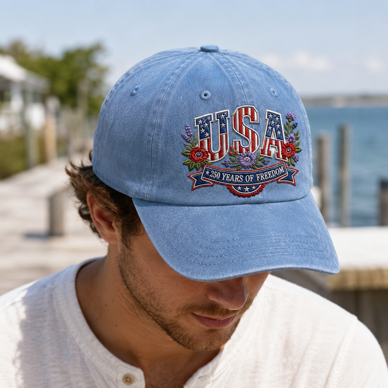 USA 250 Years of Freedom Washed Cap, Patriotic America Hat for 4th of July - washed cap - lifestyle view 7