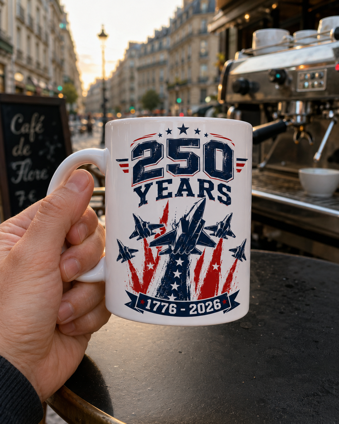 250 Years Coffee Mug, 1776-2026 Patriotic Fighter Jet Ceramic Cup - Mug - lifestyle view 4