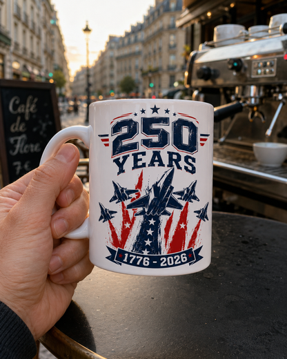 250 Years Coffee Mug, 1776-2026 Patriotic Fighter Jet Ceramic Cup - Mug - lifestyle view 4