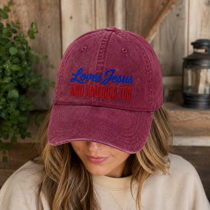 Loves Jesus And America Too Washed Cap, Patriotic Christian Hat Gift - washed cap - lifestyle view 6