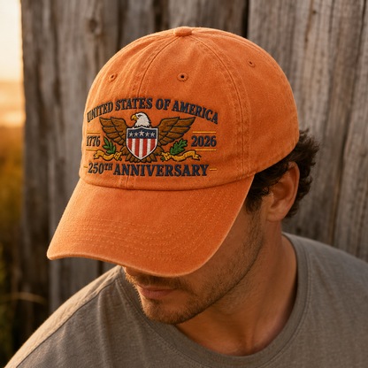 United States of America 250th Anniversary Washed Cap, 1776 2026 Patriotic Eagle Hat - washed cap - lifestyle view 9