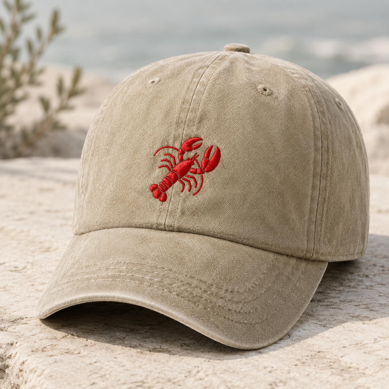 Red Lobster Embroidered Washed Cap, Coastal Seafood Lover Hat - Washed Cap - detail view