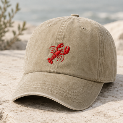 Red Lobster Embroidered Washed Cap, Coastal Seafood Lover Hat - Washed Cap - detail view