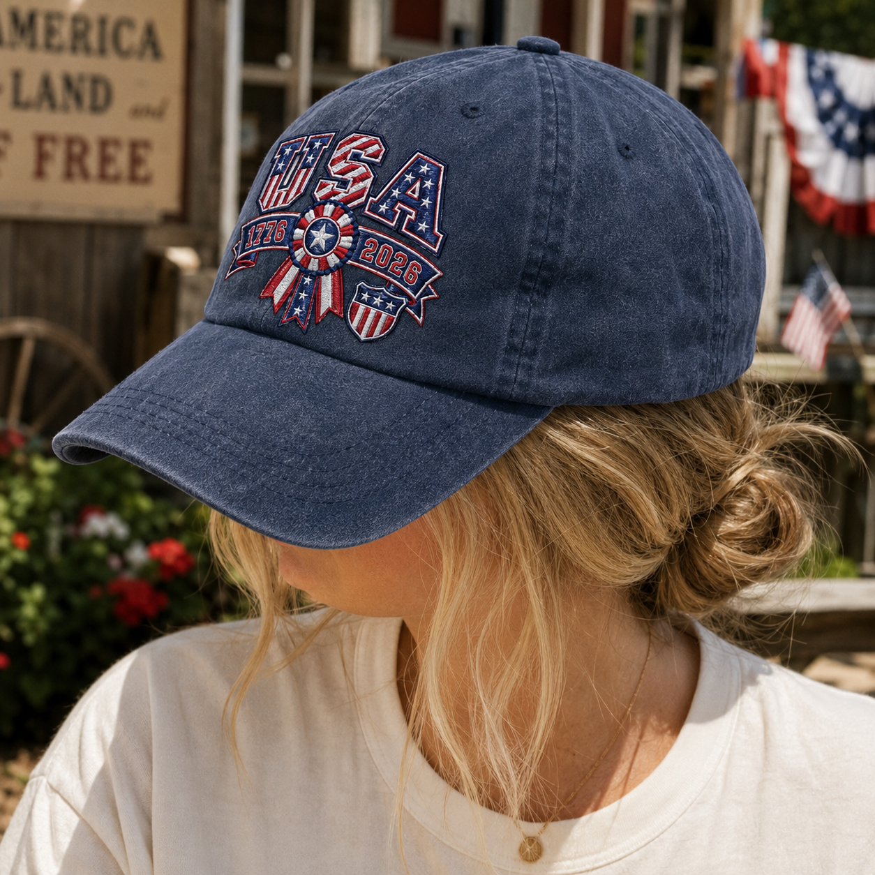 USA 1776 2026 Washed Cap, Patriotic 250th Anniversary Hat - washed cap - detail view