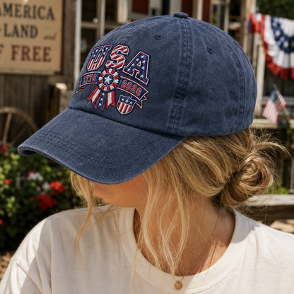 USA 1776 2026 Washed Cap, Patriotic 250th Anniversary Hat - washed cap - detail view
