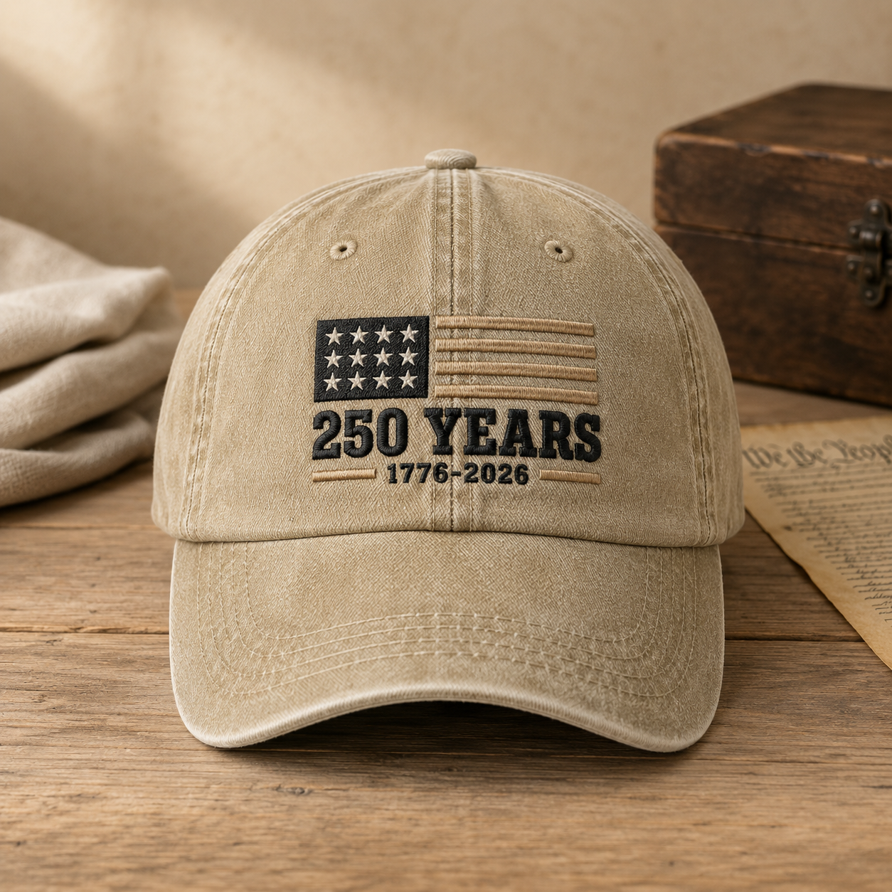 250 Years 1776-2026 Washed Cap, Patriotic America Hat for Semiquincentennial - washed cap - front view