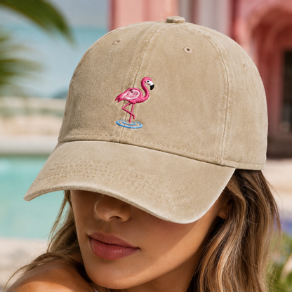 Pink Flamingo Embroidered Washed Cotton Cap, Summer Hat - Washed Cap - lifestyle view 4