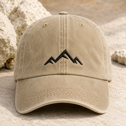 Minimalist Mountain Washed Cap, Black Embroidered Peak Hiking Hat - Washed Cap - lifestyle view 2