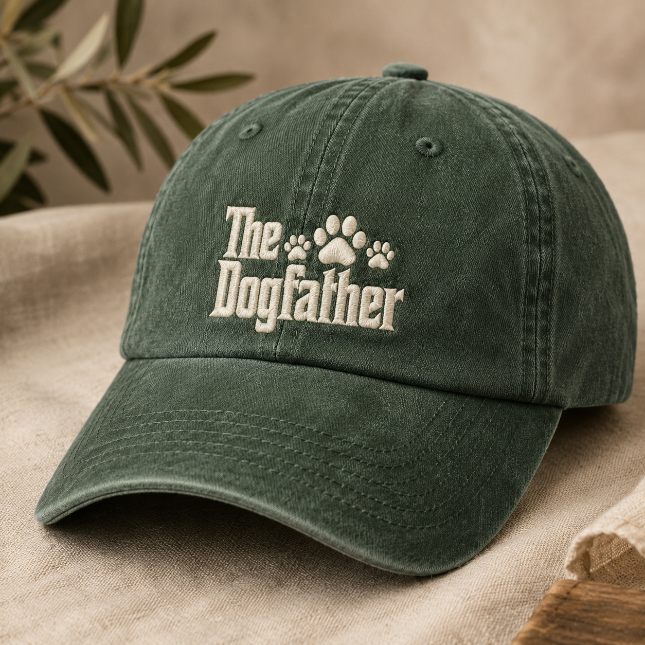 The Dogfather Washed Cap, Funny Dog Dad Hat with Paw Print Embroidery - Washed Cap - lifestyle view 2