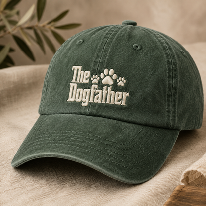 The Dogfather Washed Cap, Funny Dog Dad Hat with Paw Print Embroidery - Washed Cap - lifestyle view 2