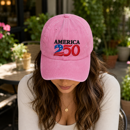 America 250 Washed Cap, Patriotic 1776 2026 Baseball Hat for Semiquincentennial - washed cap - detail view