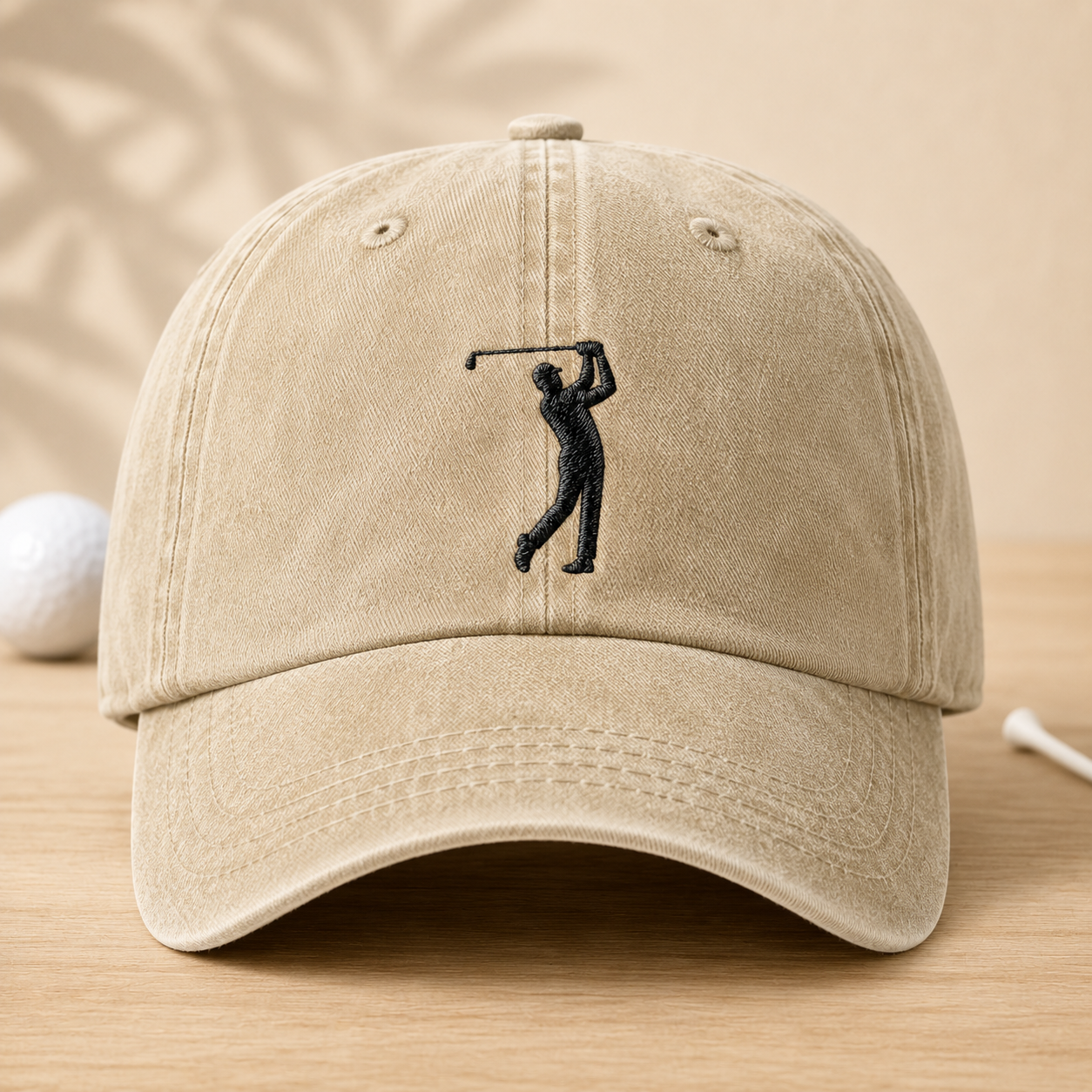 Golf Swing Washed Cap, Embroidered Golfer Silhouette Hat - Washed Cap - front view