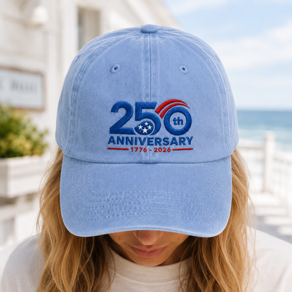 250th Anniversary Washed Cap, 1776-2026 Patriotic Independence Hat - washed cap - lifestyle view 7