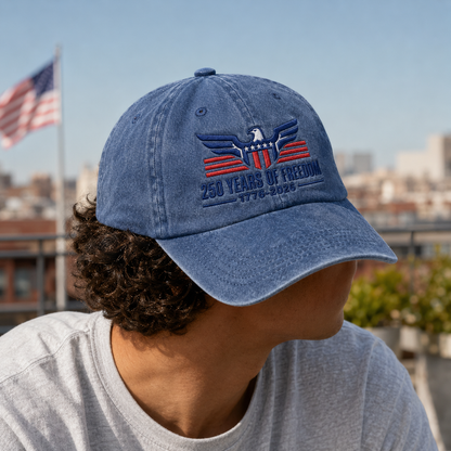 250 Years of Freedom Hat, Patriotic Eagle Washed Cap, 1776-2026 America Gift - washed cap - detail view