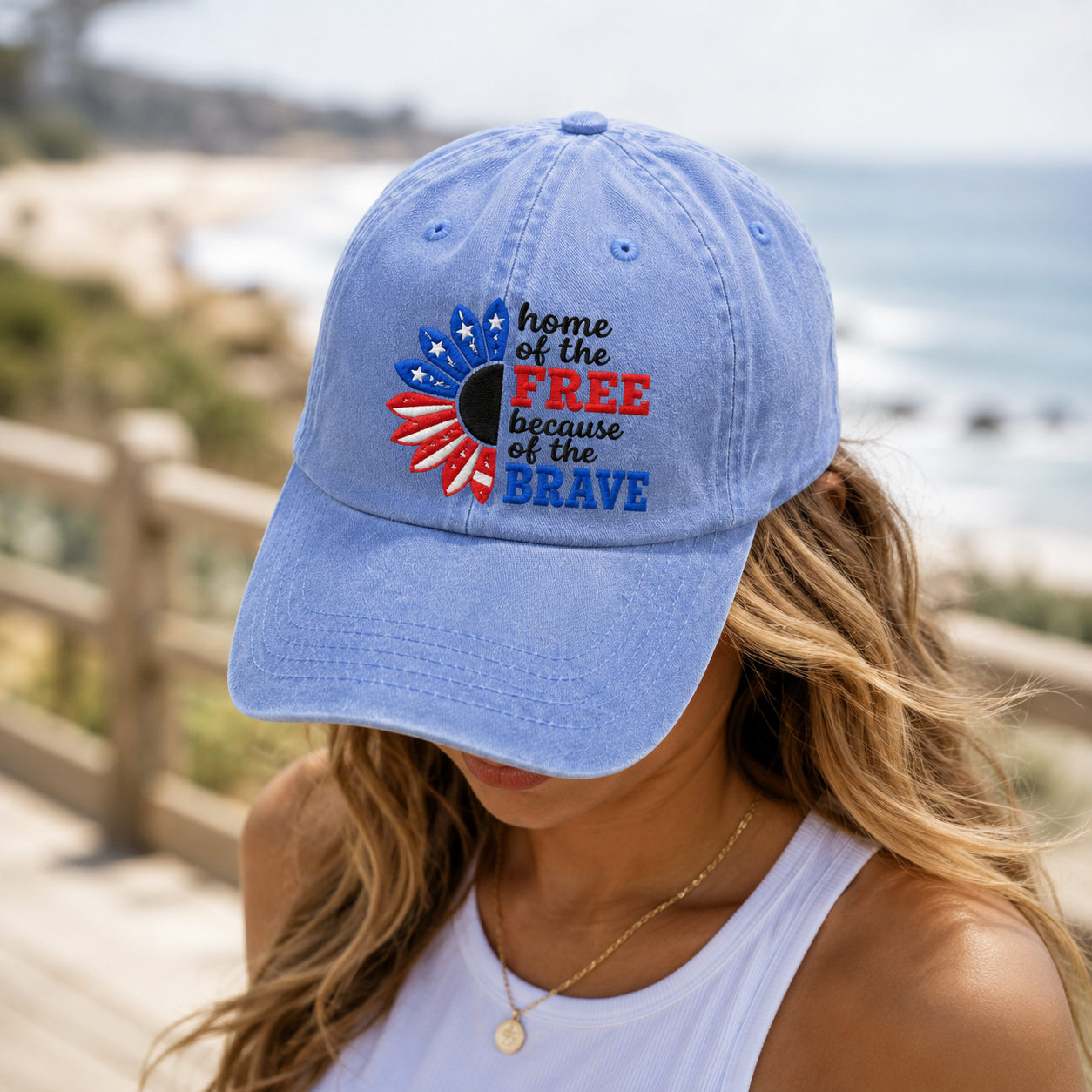 Home of the Free Because of the Brave Washed Cap, Patriotic Sunflower Military Gift - washed cap - lifestyle view 9