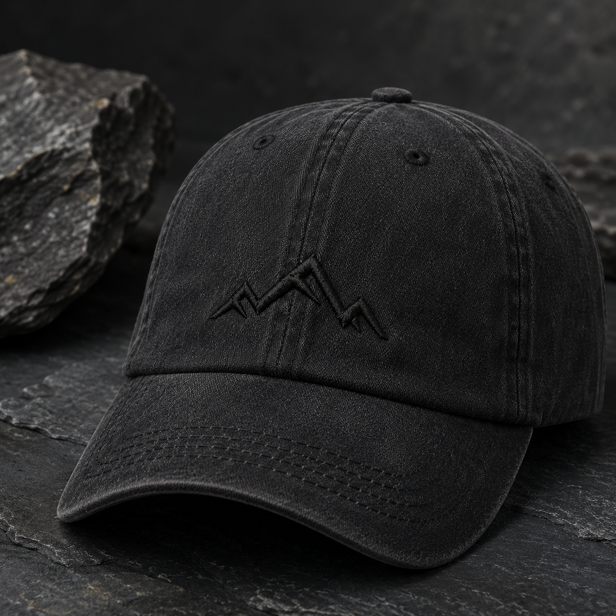 Minimalist Mountain Washed Cap, Black Embroidered Peak Hiking Hat - Washed Cap - lifestyle view 4