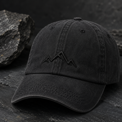 Minimalist Mountain Washed Cap, Black Embroidered Peak Hiking Hat - Washed Cap - lifestyle view 4