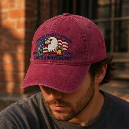 United States of America 250th Anniversary Washed Cap, 1776 2026 Patriotic Eagle Hat - washed cap - lifestyle view 6