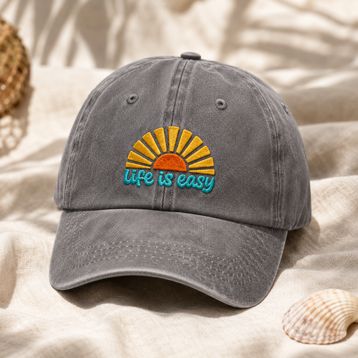 Life Is Easy Retro Sunrise Washed Cap, Beach Vacation Hat - Washed Cap - lifestyle view 2