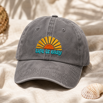 Life Is Easy Retro Sunrise Washed Cap, Beach Vacation Hat - Washed Cap - lifestyle view 2
