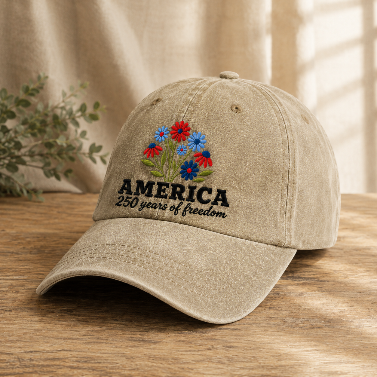 America 250 Years of Freedom Washed Cap, Patriotic Floral Hat for 4th of July - washed cap - lifestyle view 2